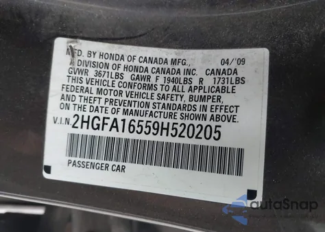 2009 Honda Civic Lx z USA, uszkodzony, nr VIN 2HGFA16559H520205